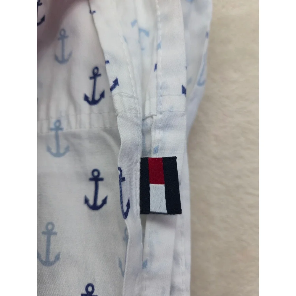 Tommy‎ Hilfiger Queen Size Flat Bed Sheet White Blue Anchor Print